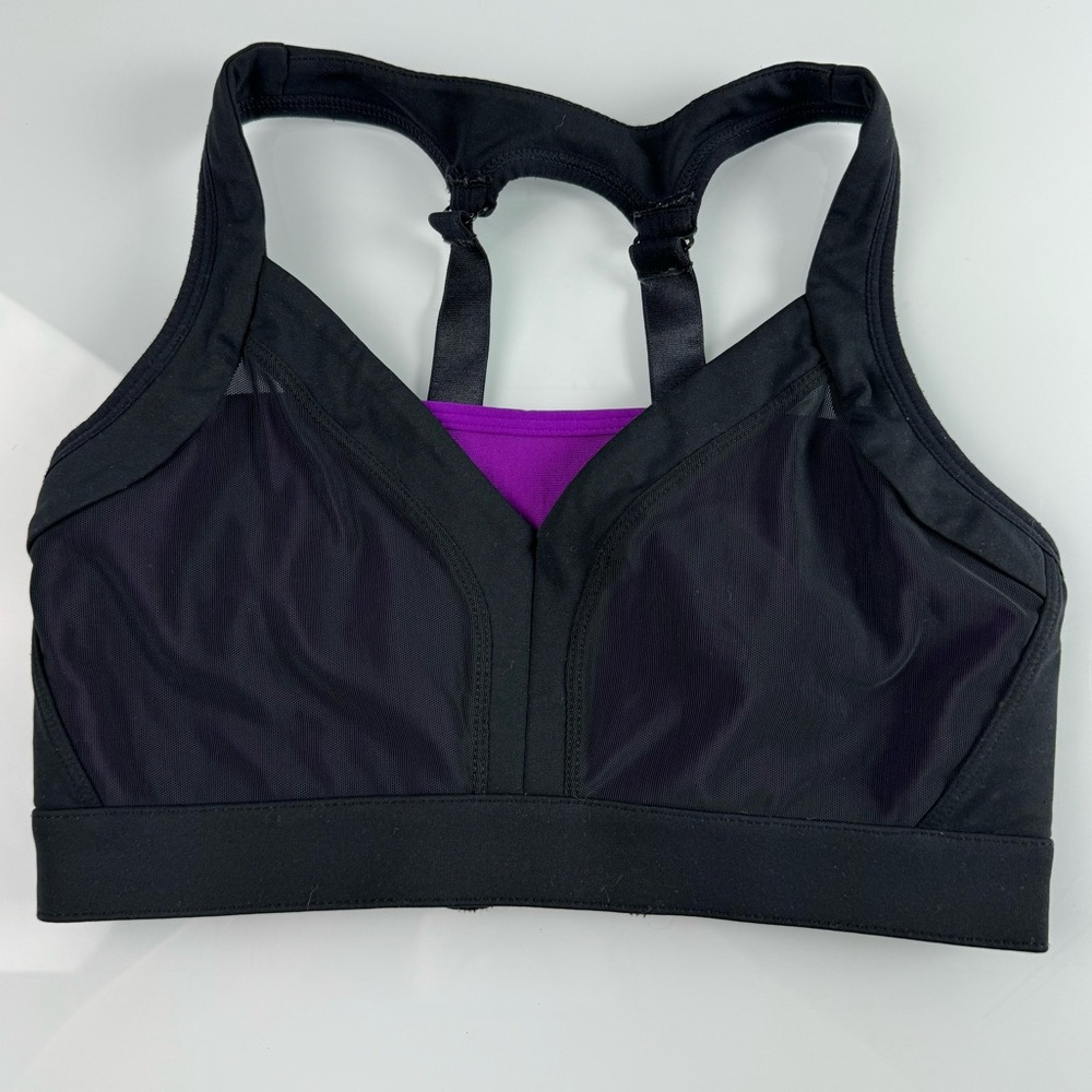 Fabletics Sports‎ Bra Workout Athletic Black Purple Supportive Mesh Sheer